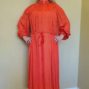 Tibi Ruched Drawstring Mockneck Midi Dress In Red